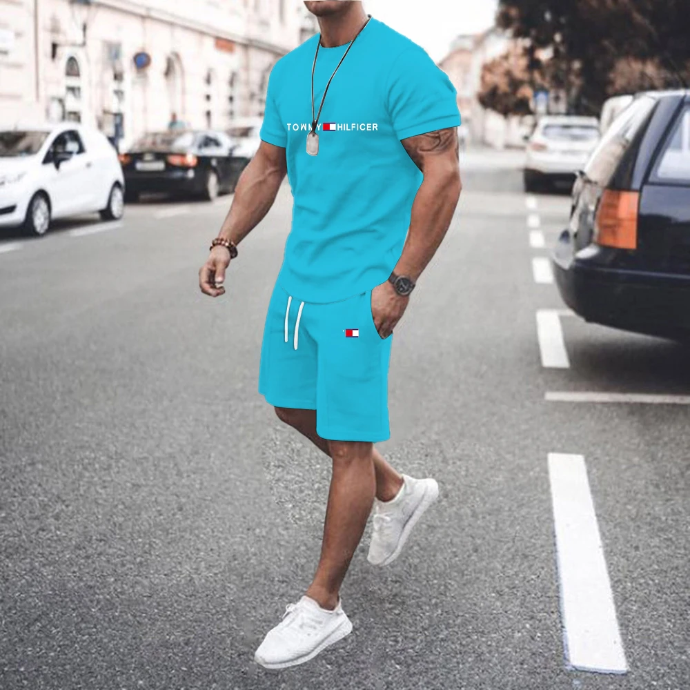 

Summer Men's T-Shirt Set 100% synthetic material Comfortable and Cool Men Tracksuit T-shirt Shorts outfits Sets Oversized