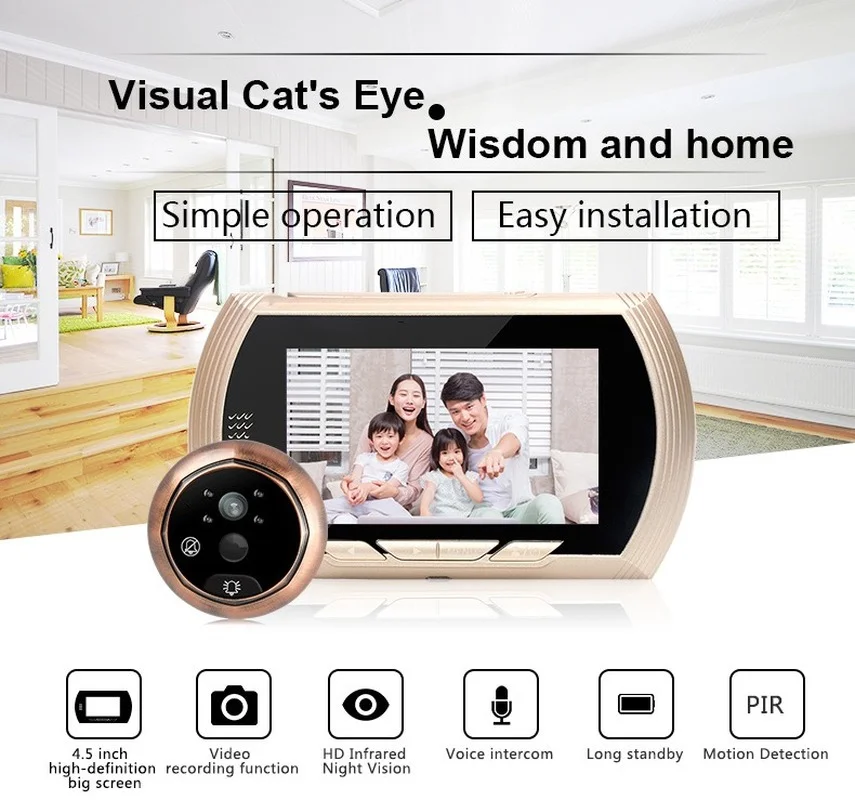 4.5 Inch Video Doorbell 120 Degree Peephole Viewer Video Eye Door Bell Smart Home Outdoor Camera Monitor Visual Doorbell