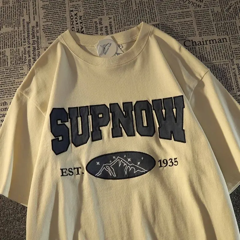 

Pure cotton American retro Hong Kong style short-sleeved T-shirt for men ins loose and versatile lazy style half-sleeved T-shirt