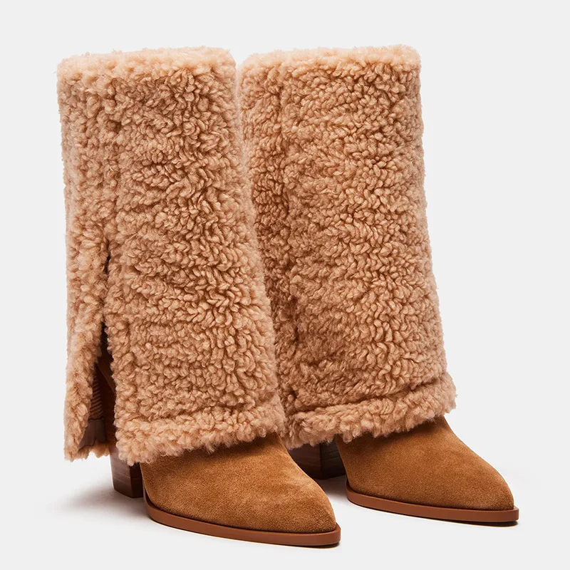 

2023 New Promotion Winter Fashion Sexy Thick Heel Pointed Toe With Fur Large Size Luxury Trendy Denim Women's Boots
