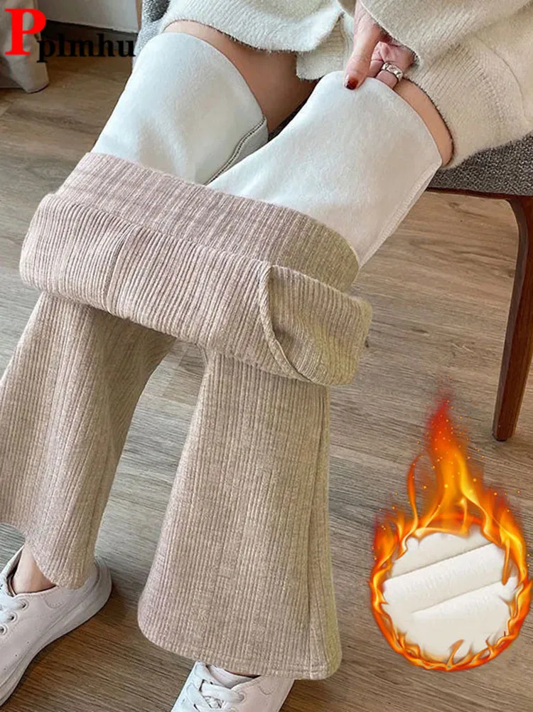 

Плотные бархатные теплые расклешенные брюки, Элегантные зимние женские брюки, Узкие повседневные брюки с высокой талией и плюшевой подкладкой, 90 см