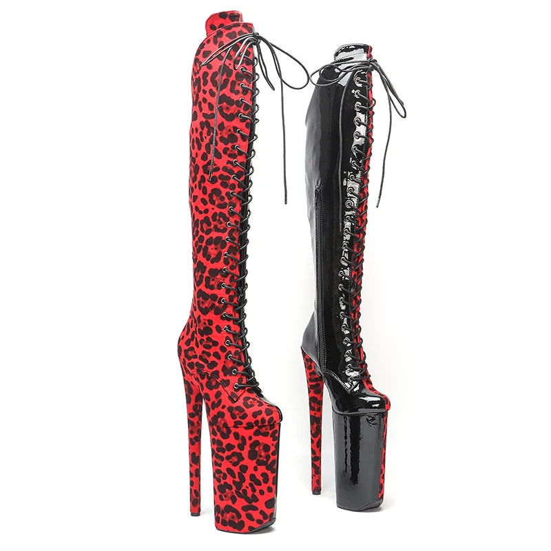 Leecabe  26CM/10inches  red color Leopard with black color patent  sexy exotic High Heel platform party shoes Pole Dance boot