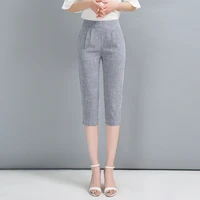 korean fashion capri pants women cotton linen pants womens summer breeches office ladies high waist calf length trousers