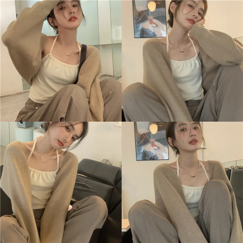 

Women Ultra-short Sweater shawl 2022 Autumn Winter Long Sleeve Loose Knitted Crop Tops Solid Color Sexy Cardigan Sweaters Tops