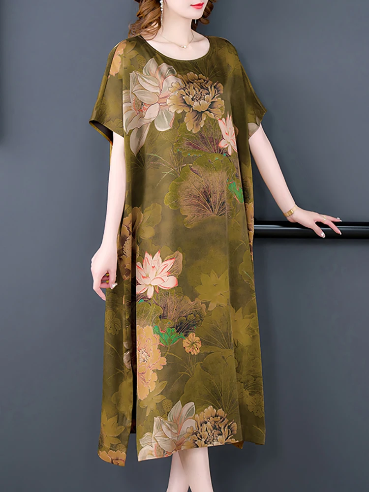 

Летнее Новое модное элегантное платье с коротким рукавом, женское шелковое атласное платье миди с цветочным рисунком, модель 2023 года, корейское винтажное свободное платье в виде звеньев