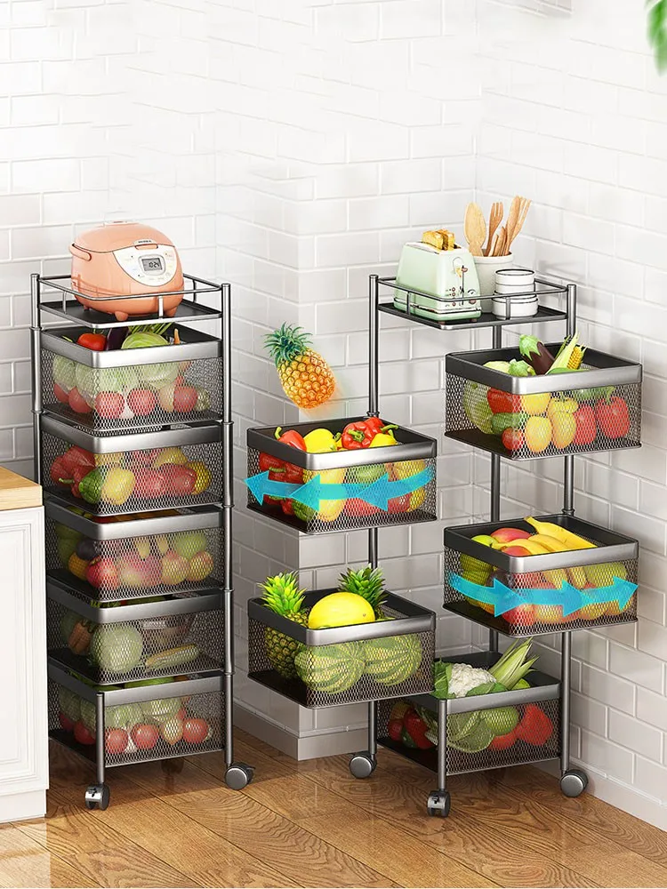 

Floor Stand Multi-Layer Kitchen Storage Shleves Rotating Basket Drawer Rolling Trolley Cart Vegetables Fruit Rack Organizer