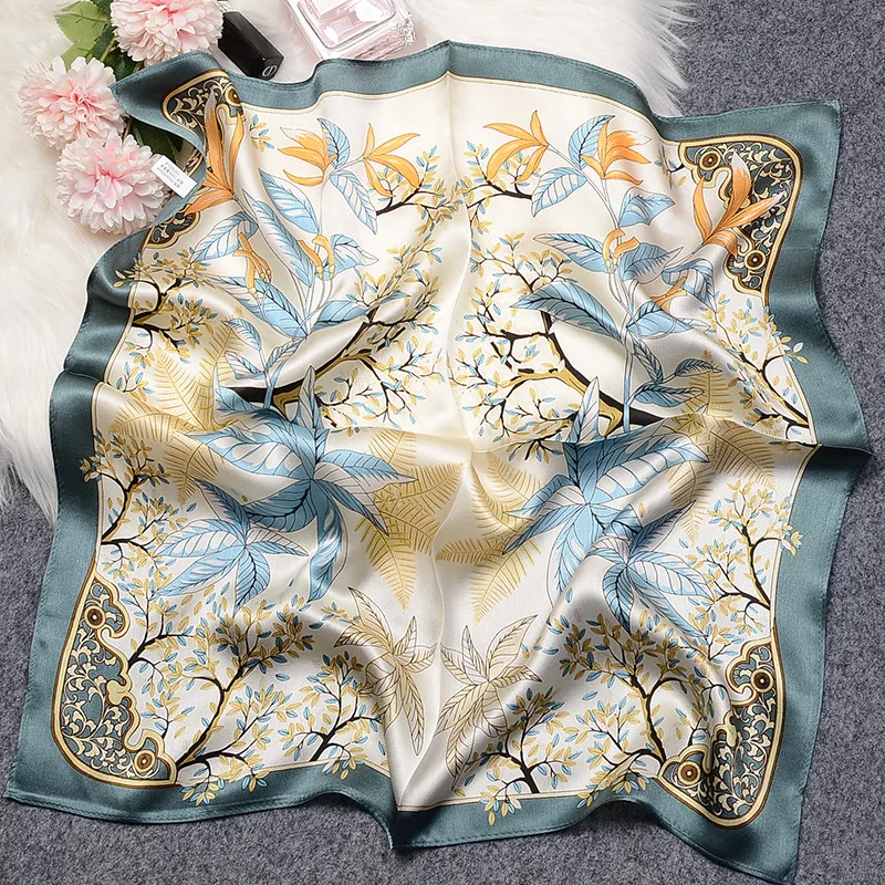 

53cm New100% Pure Silk Scarf Women Neck Hair Foulard Bandana Square Small Headband Hijab Plant Tree Poncho Scarves Pashmina