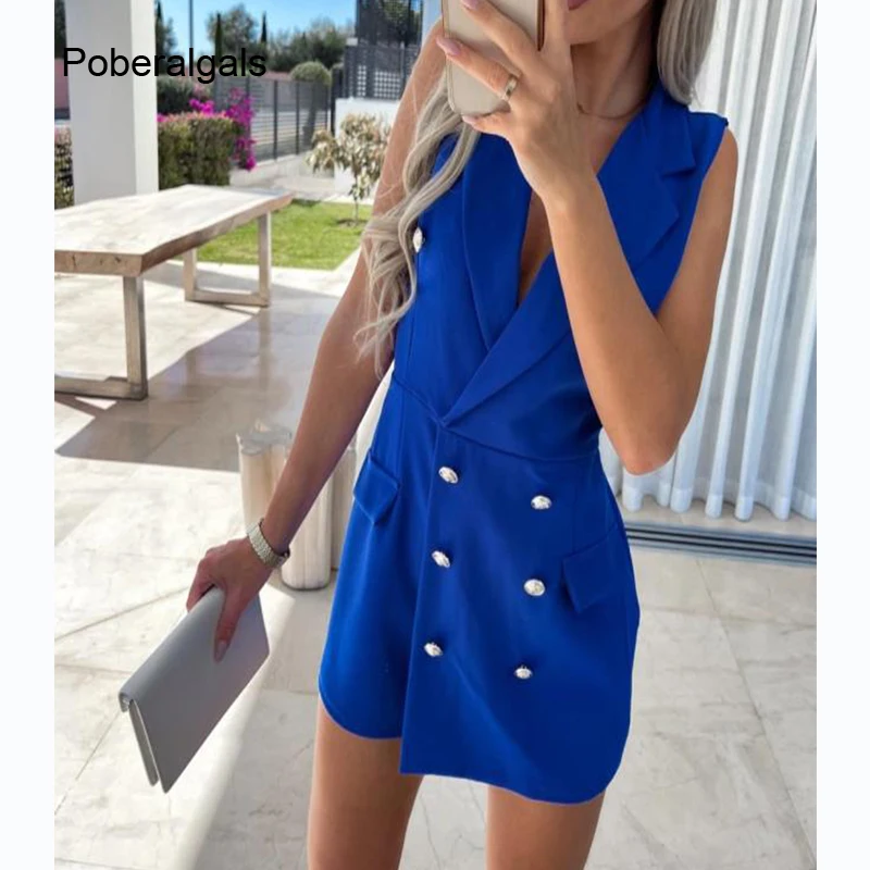 

Fashion Suit Collar Women Playsuits 2022 Spring New Pocket Double Breasted Sleeveless Solid Sexy Skinny Mini Jumpsuit Shorts