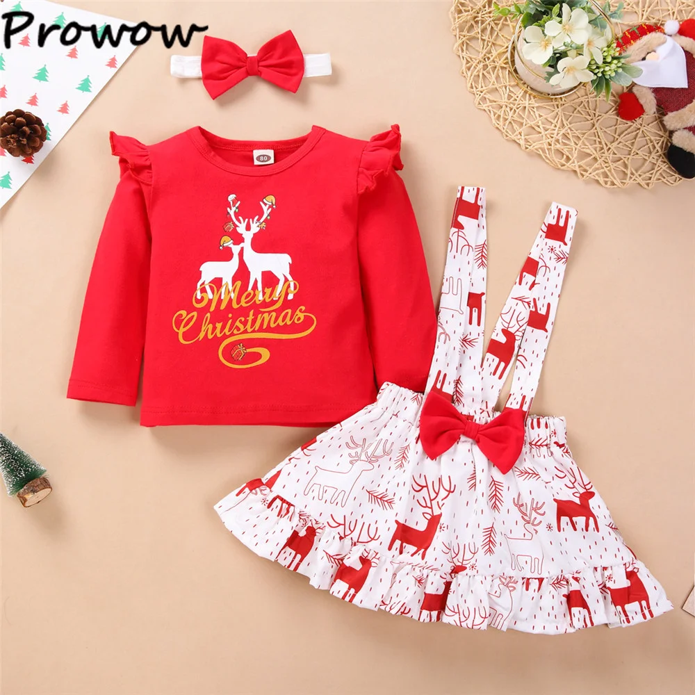 

Prowow 3PCS Christmas Baby Girl Outfit Red Tops+Deer Print Suspender Dress Christmas Set Happy New Year Costume