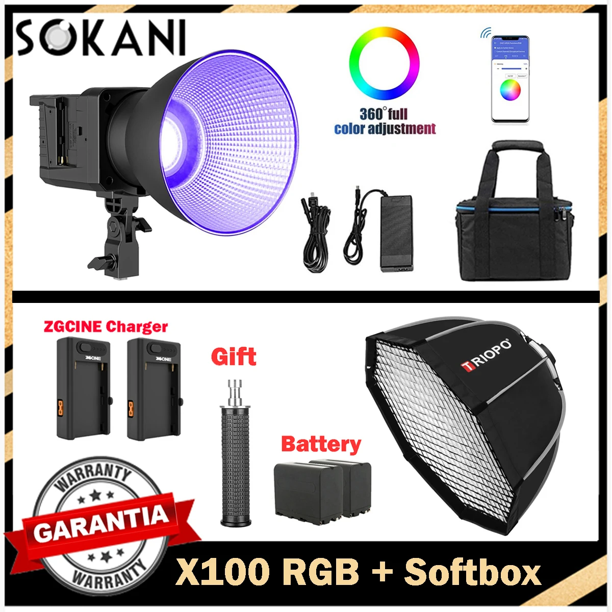 Sokani X100 RGB светодиодный Video светильник 100W приложение для управления Bowens Mount TRIOPO Softbox для фотографии, видеозаписи, съемки на открытом воздухе