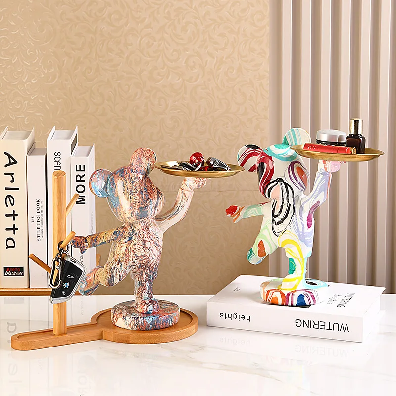 

Violent bear statue water transfer printing painted sculpture with storage tray key sundries container display stand decoration