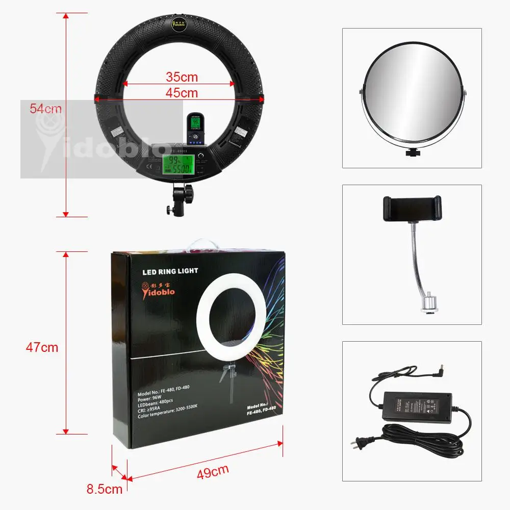 

Yidoblo FE-480II Bi-color Photo Studio Ring Light Светодиодная лампа для освещения видео светильник Lamp RC LCD Photo светильник ing 96W 5500K 480LED светильник s