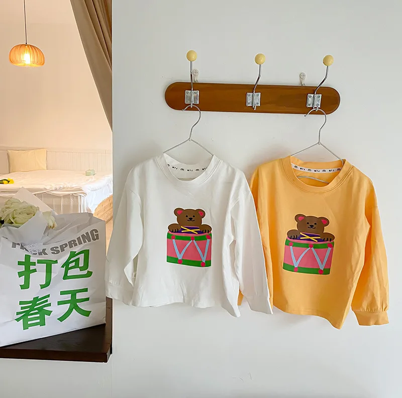 

Детская Хлопковая футболка с длинным рукавом, с мультяшным медведем