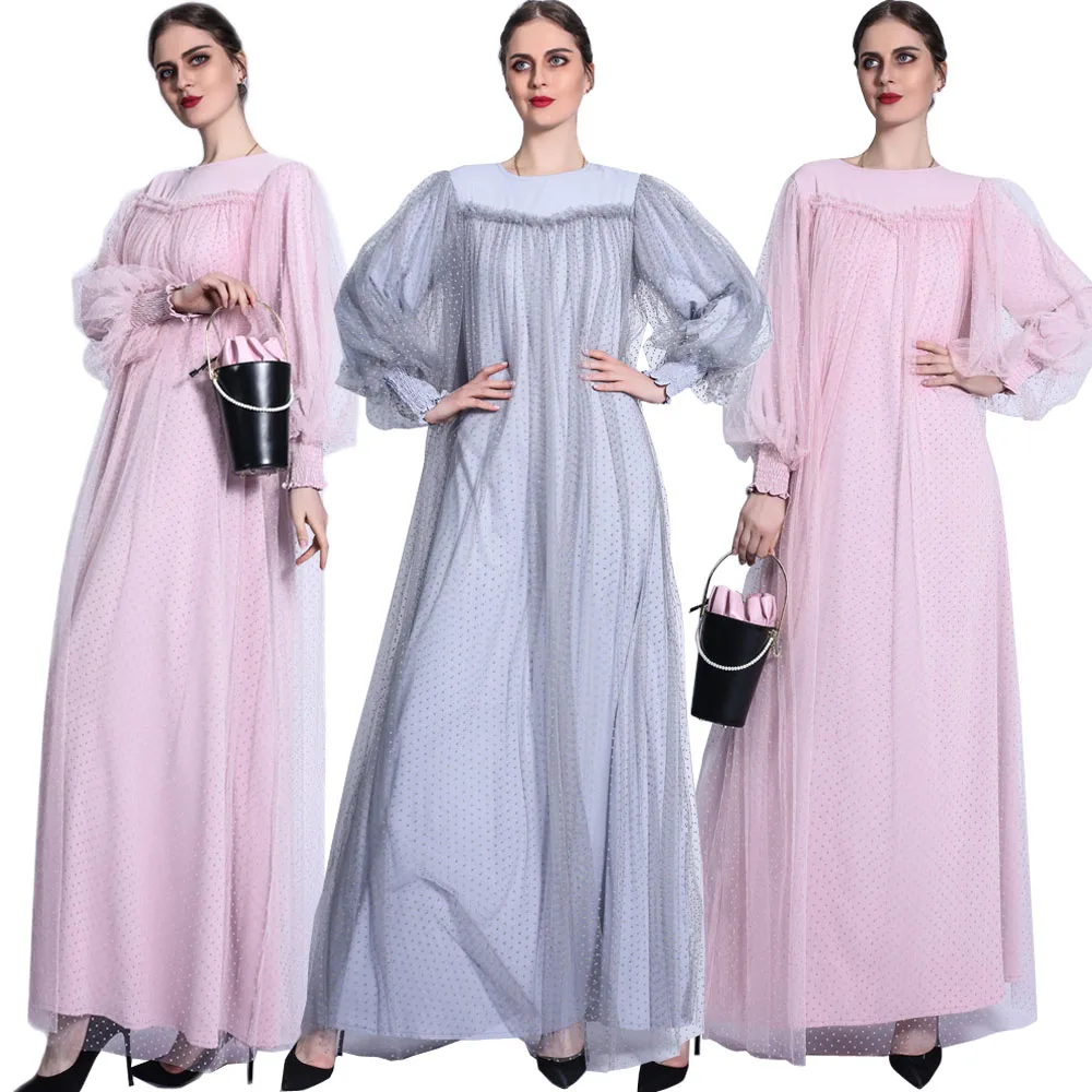Новое Сетчатое женское длинное платье в горошек, женская одежда в арабском стиле, длинное вечернее платье
