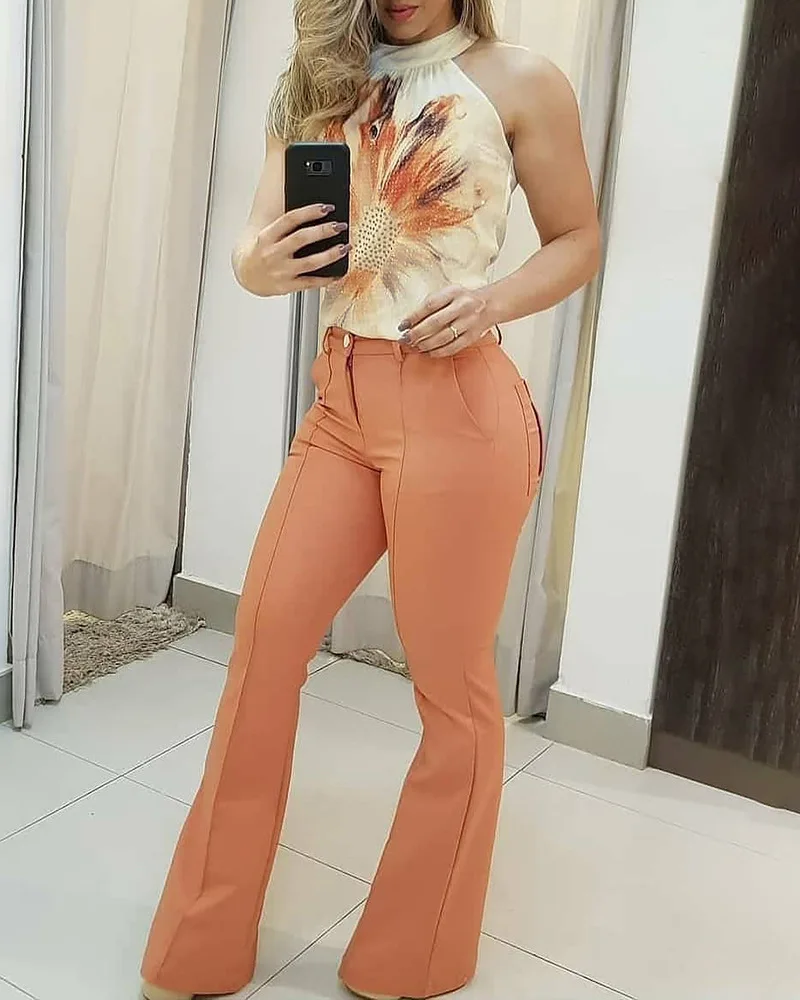 

Floral Pattern Print Sleeveless Top & Plain Pants Set Women Spring Summer 2pcs Clothes Suit Sleeveless Camis Tanks Tops Pants