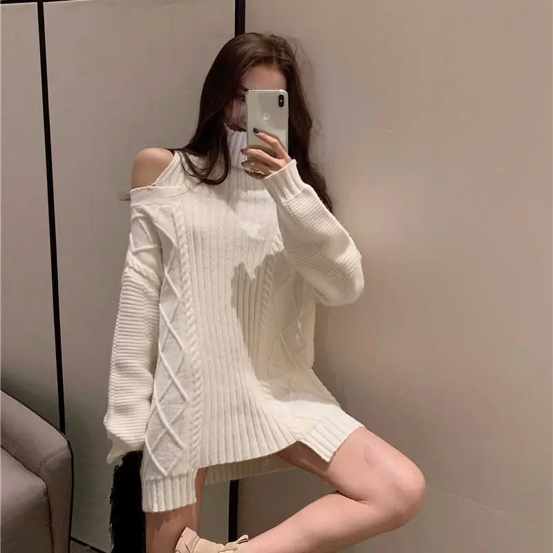 

Autumn and Winter Women Long Style White Sexy Off Shoulder Turtleneck Warm Sweater Loose Female Thermal Knitwear Jumpers