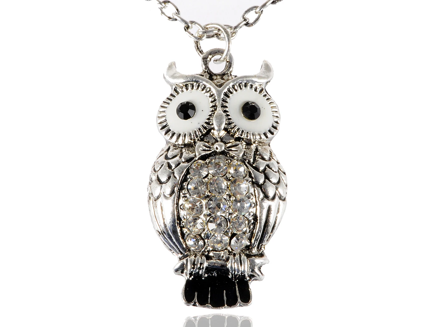 

Silver Toned Antique White Black Enamel Clear Rhinestones Owl Bird Pendant Necklace