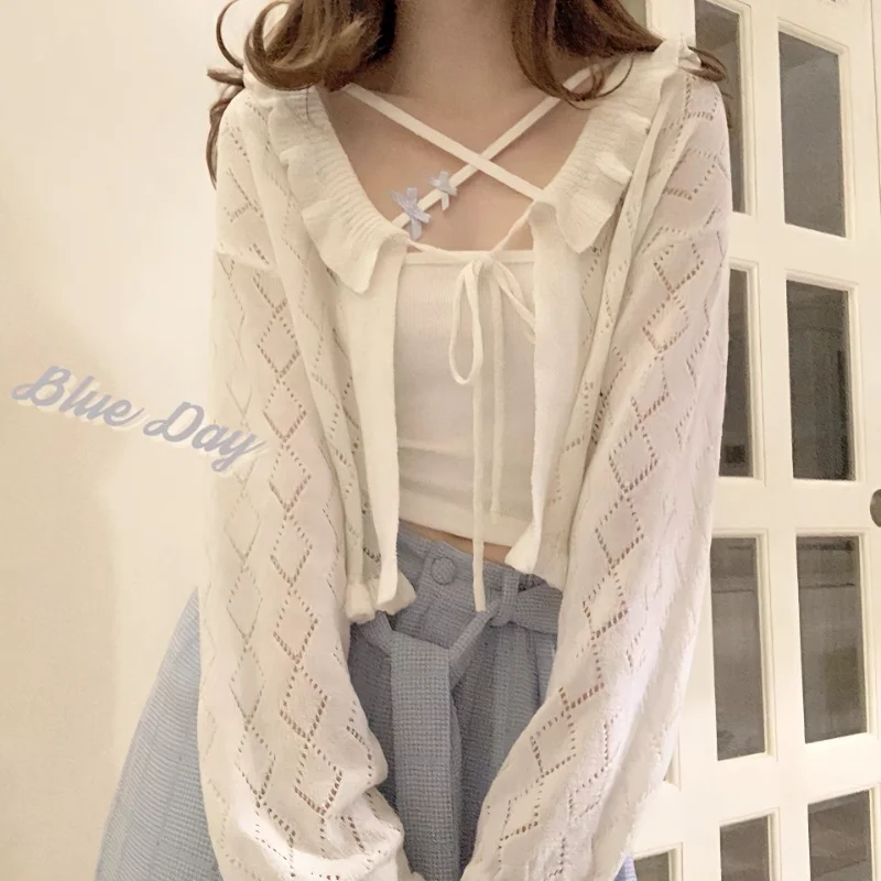 

Bow Korean Thin Summer Knitted Cardigan Long Sleeve Sunscreen Crop Tops Bandage Sweater Vintage Y2k Hollow Out Women Sweet