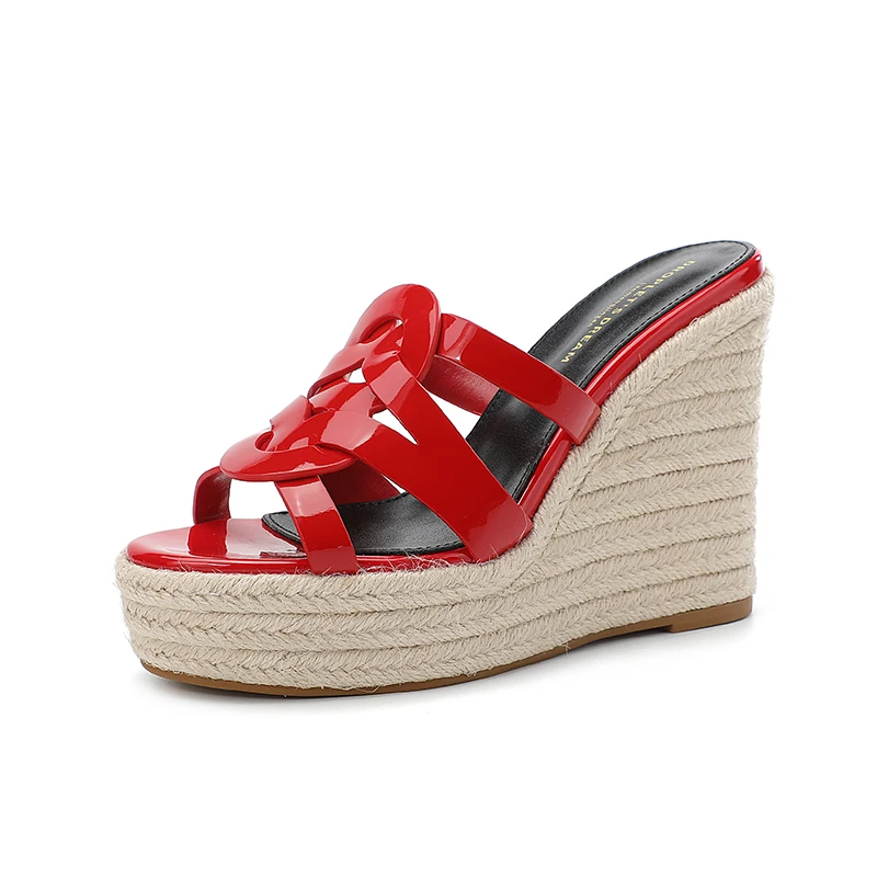 2023 Summer Ultrahigh Heel Women's Slippers Lacquer Leather Hemp Sandals Fashion Open Toe Shoes Outdoor High Heel Slippers34-43