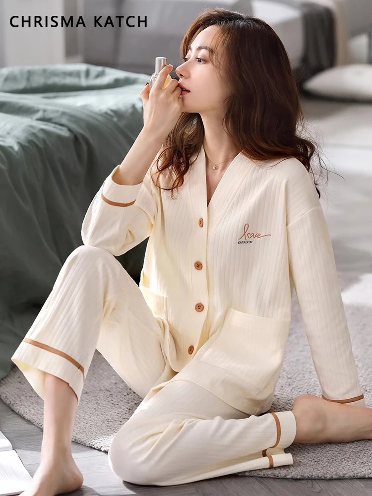 Chrisma &amp Katch Pure Cotton Pajamas Women Spring and Autumn High Sense V-neck Long sleeve Set Embroidered Home Wear