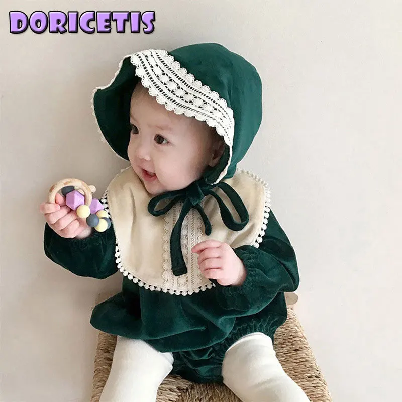 

Newborn Romper Solid Color Gold Velvet Triangle Jumpsuit Baby Girl New Spring Outdoor Keep Warm Casual Romper With Hat 3 PCS Set