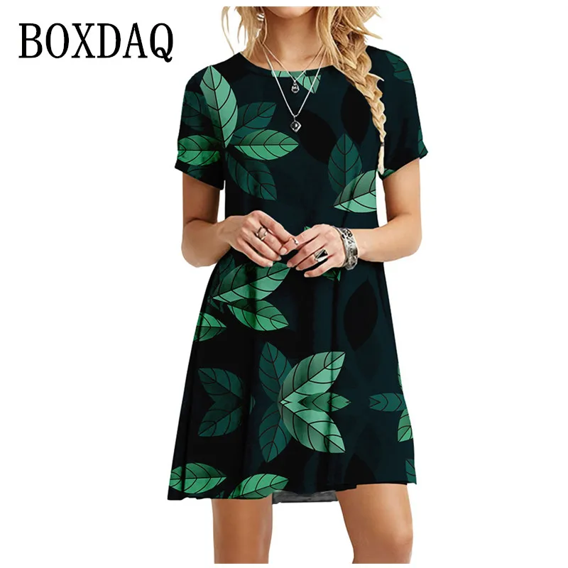 

Платье-мини женское оверсайз с коротким рукавом, круглым вырезом и 3D-принтом