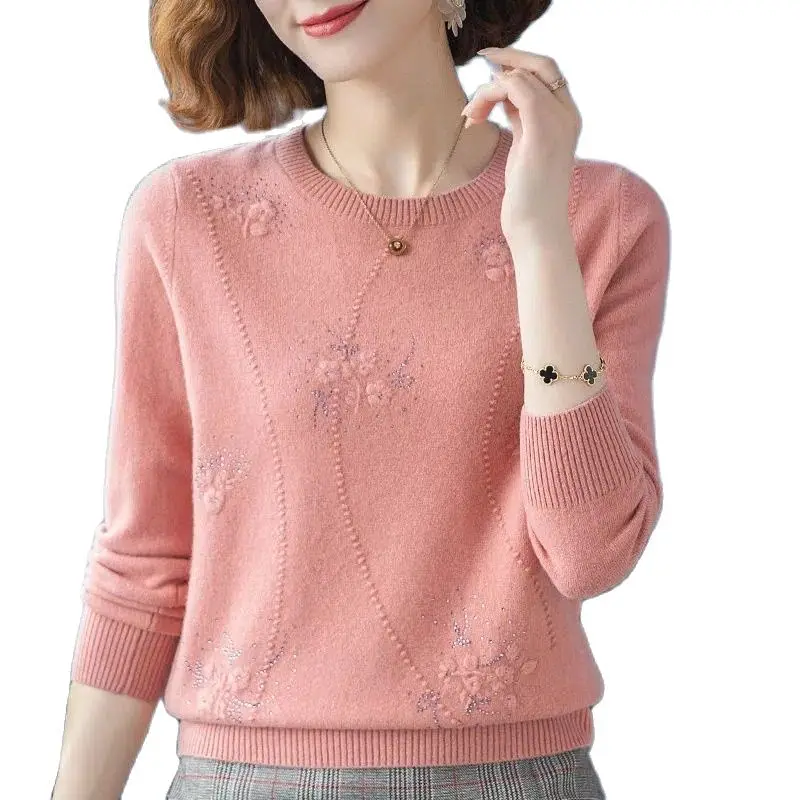 

Spring Autumn Embroidered Crew Neck Pullover Knitting Sweater New Middle-Aged and Elderly Winter Female Loose Bottoming Top