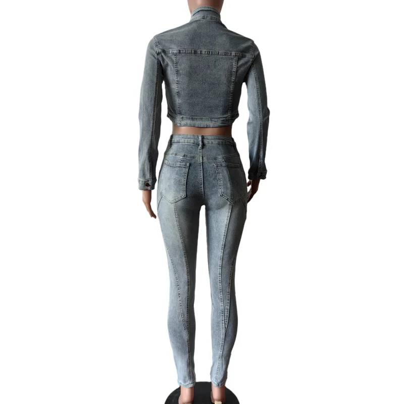 Элегантный модный джинсовый женский комплект куртка с длинными рукавами и