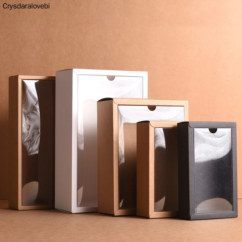 

10pcs Folding Kraft Paper Box with Transparent PVC Window Gift Box Packaging Box Candy Favors Arts&krafts Display Package Box