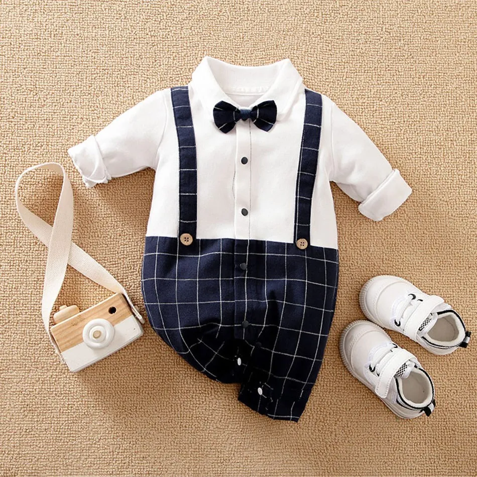 

Baby Boy Outfit Toddler Cotton Bowtie Romper Infant Gentleman Onesie New Born Christmas Formal Jumpsuit Long Sleeve Tuxedo Suits