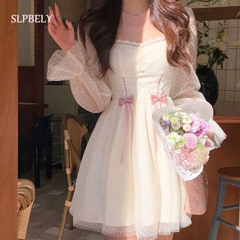 

SLPBELY 2022 Spring Elegant Princess Dress Women Sweet Dot Party Long Sleeve Fairy Dress Female Vintage Korean Kawaii Mini Dress