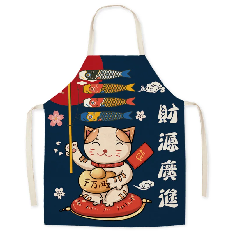 

Happy New Year Kitchen Aprons for Women Lucky Cat Cotton Linen Bibs Household Cleaning Pinafore Home Cooking Apron Minimalism