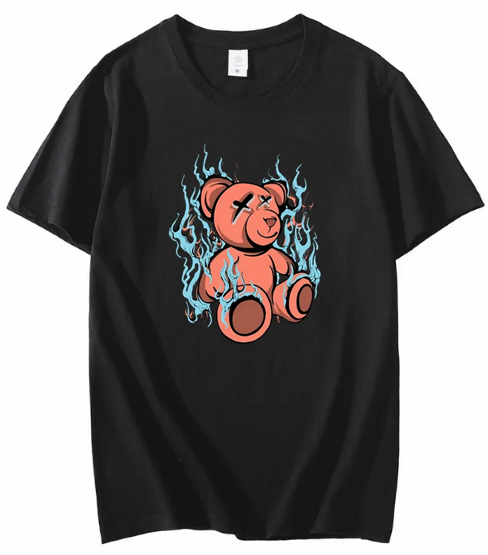 

2024 Funny Rock Bear T-Shirt DJ Khaled Men's Tops B-Grade Cotton Flame Bear Popular Print Harajuku top Tee