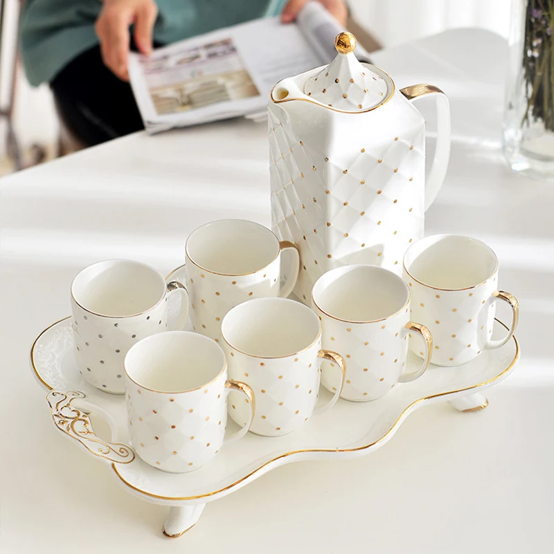 

8PCS Luxury White Porcelain Coffee or Tea Set With Gold Dots Ceramic Teapot Storage Tray Kitchen Tableware Home Collection Decor