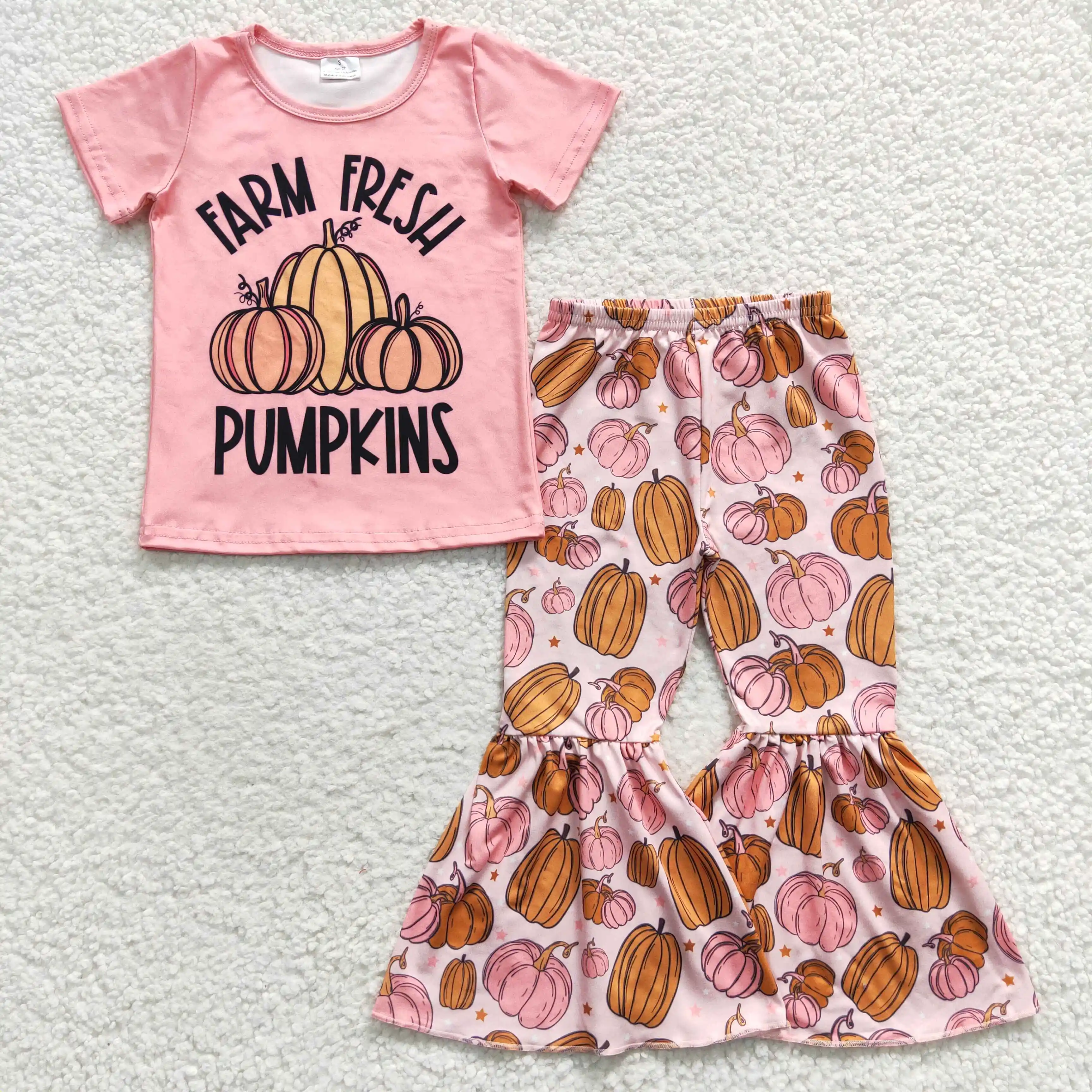 

Baby Girls Farm Pumpkin Outfits Clothing Toddlers Short Sleeves Bell Bottom Floral Sets Children Kids Fashion Boutique Clothes