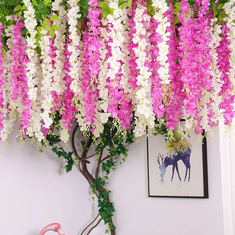 

Set Wisteria Flowers Tree Plants Fake Branches Artificial Flors Suit DIY Wedding Home Wall Hanging Backdrop Garden mariage Decor