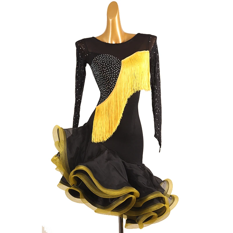 Женское платье для латиноамериканских танцев роскошное с длинными рукавами и