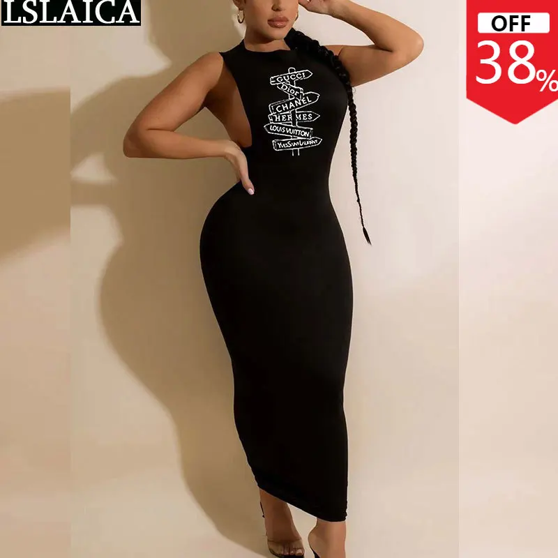 

Повседневное платье для женщин Лето 2022 Новое модное платье макси без рукавов сексуальное Белое платье с буквенным принтом уличная одежда