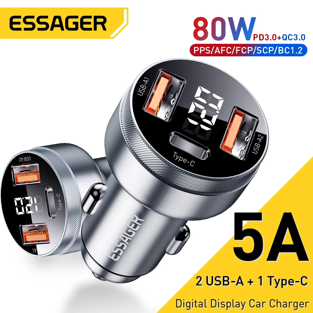 

Essager 80W USB Car Charger PD USB Type C Quick Charge QC3.0 SCP 5A Fast Charger For iPhone 14 13 Xiaomi Samsung Phone Charger