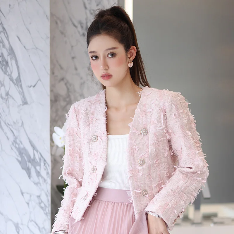 

Pink Color Tassel Patchwork Luxury Glitter Women Short Jacket Full Sleeves Fall Winter Office Work Formal Coat Clothing