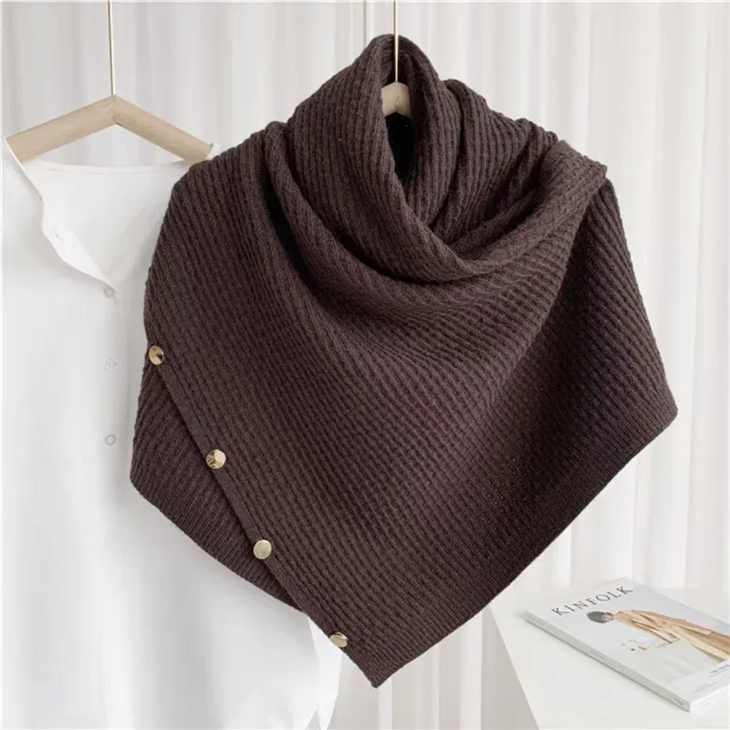 

2022 Spring Autumn Multi-purpose Button Scarf Women Knitted Shawl Changeable Imitation Cashmere Cloak Poncho Capes Coffee