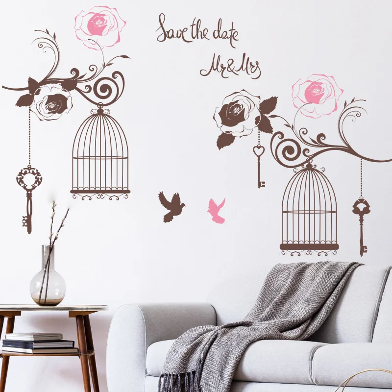 

Classical Small Fresh Rose Branch Bird Cage Couple Bird Wall Stickers New Style Of Home Decoration For Antique Lovers Wall Paste