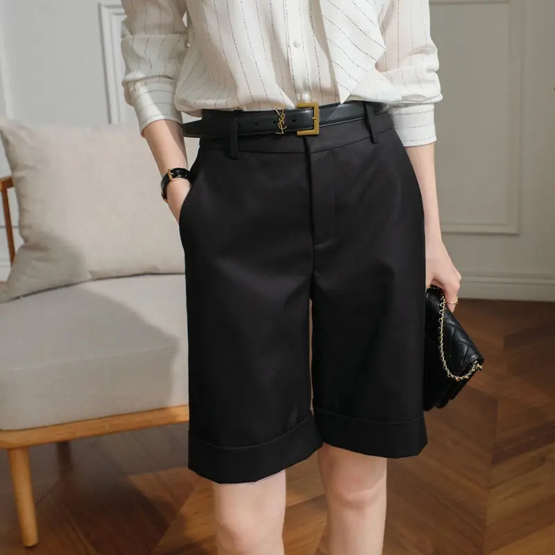 Summer Women's Shorts Knee Length Straight Pants with Belt Office Khaki White Black Casual Fashion Woman High Waist Short Pants