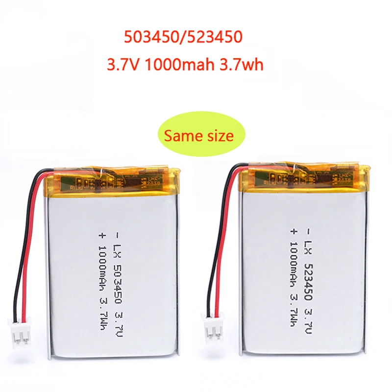 523450/503450 1000mAh 3.7V Polymer Lithium Rechargeable Battery Li-ion Battery PH2.0 2pin For MP5, smart watch, speaker
