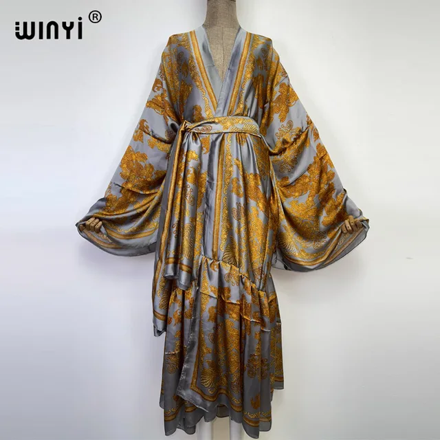 2022 WINYI Middle East Daily prom dress Positioning printing Self Belted Women Summer Clothing Kimono Dress Beach Wear Cover Up 5