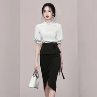 2022 womens summer new high end temperament stand collar lantern short sleeve polka dot top lace up skirt two piece suit