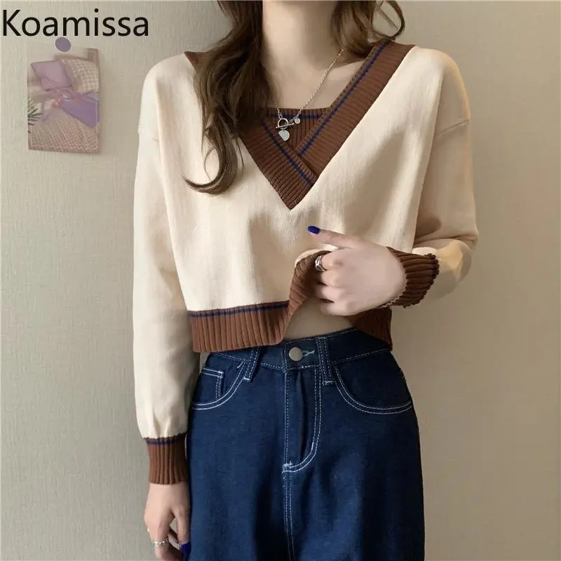 

Koamissa Spring Autumn Knitted Buttoms for Women Long Sleeves V-neck Lady Patchwork Pullovers Korean Loose Jumpers Cropped Tops