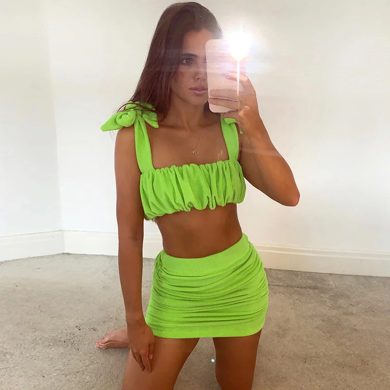 

2023 Women's Outfits Skirt Suit Solid Color Pleated Double Sides Strap Sling Slim Vest + High Waist Skirt Simple Two-piece Set