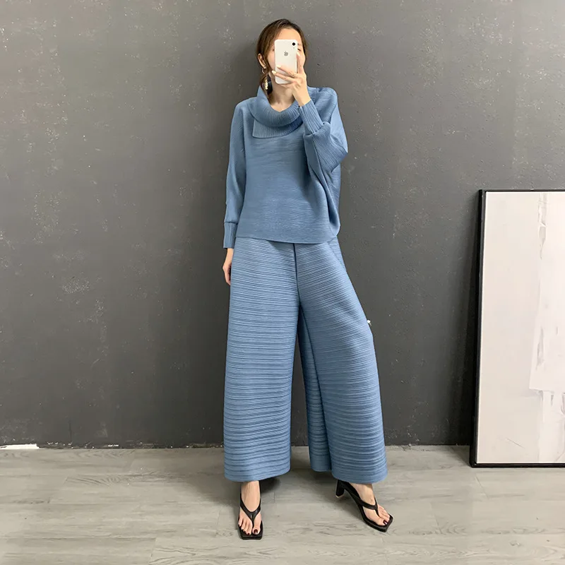 SuperAen Pleated Set Fall 2022 New Top Cross Pleated Wide Leg Pants Loose Women Two Piece Sets