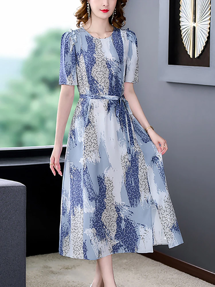 

2023 элегантное модное искусственное шелковое короткое Повседневное платье с рукавом облегающее летнее платье Бохо средней длины женское платье с принтом в Корейском стиле